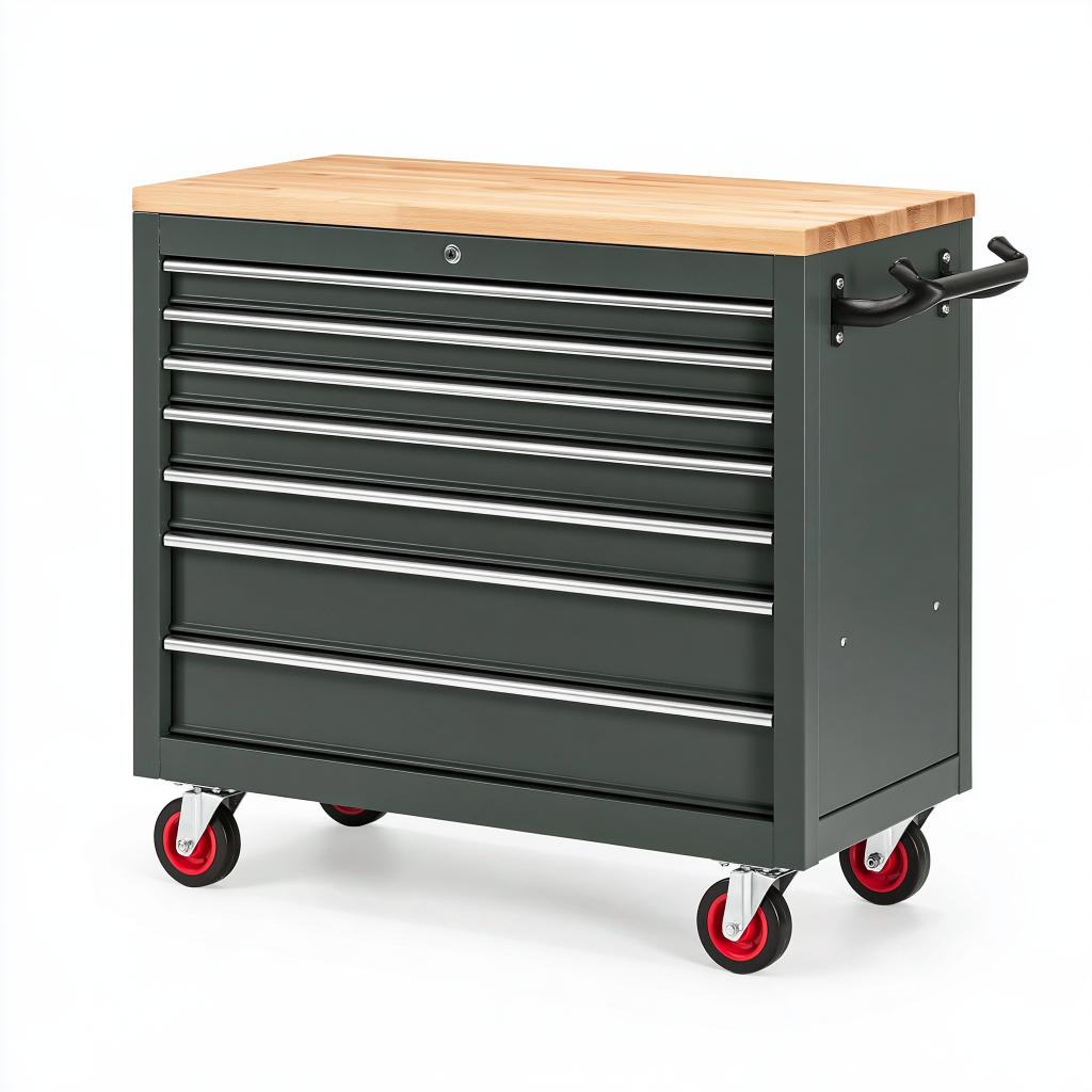 Servante d atelier 77 x 46 x 97 cm en acier vert avec plan de travail en bois 7 tiroirs mobile