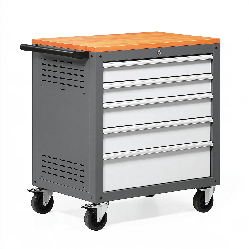 Servante d atelier 77 x 46 x 97 cm en acier gris avec plateau en bois et 5 tiroirs sur roulettes