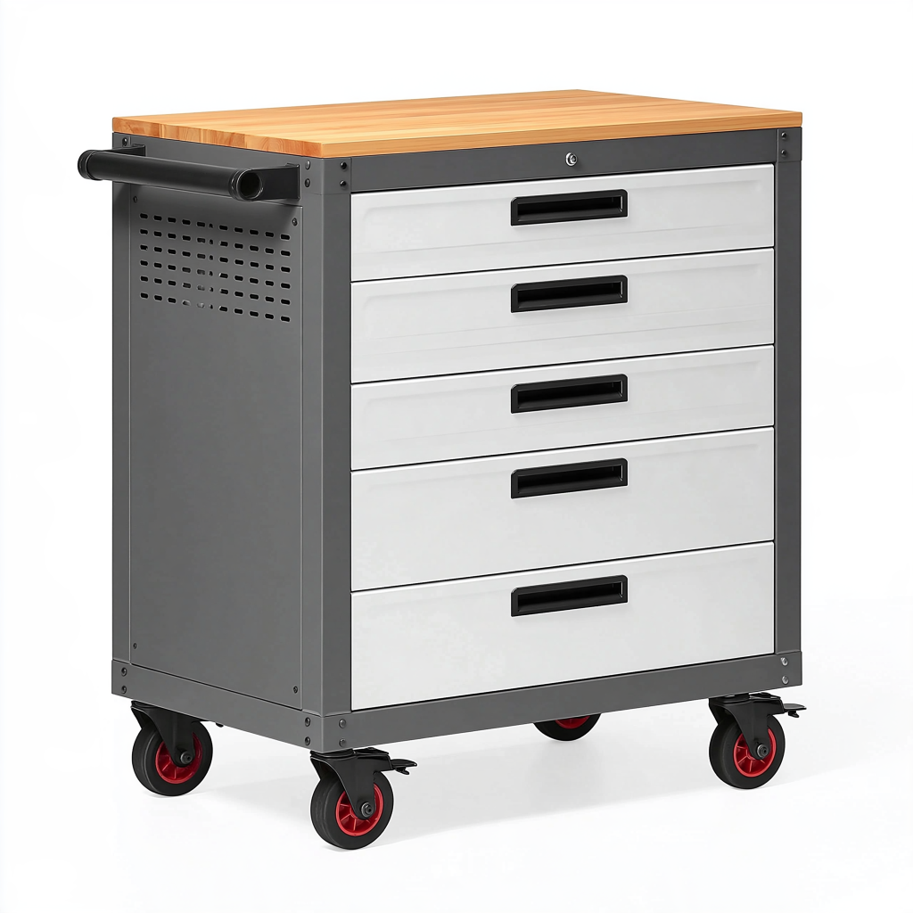 Servante d'atelier 80 x 45 x 95 cm en acier gris avec plateau en bois et 5 tiroirs mobile