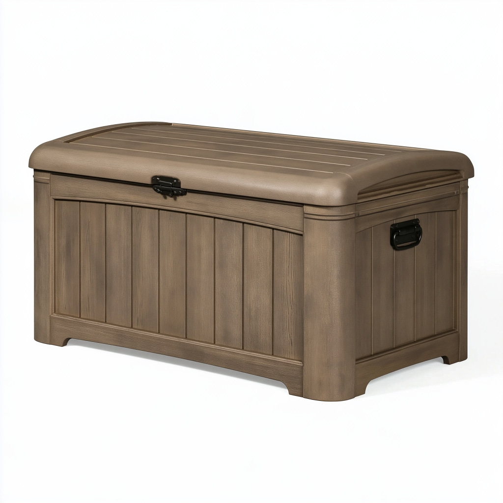 Coffre de rangement extérieur 120 x 59 x 60 cm en résine taupe avec couvercle