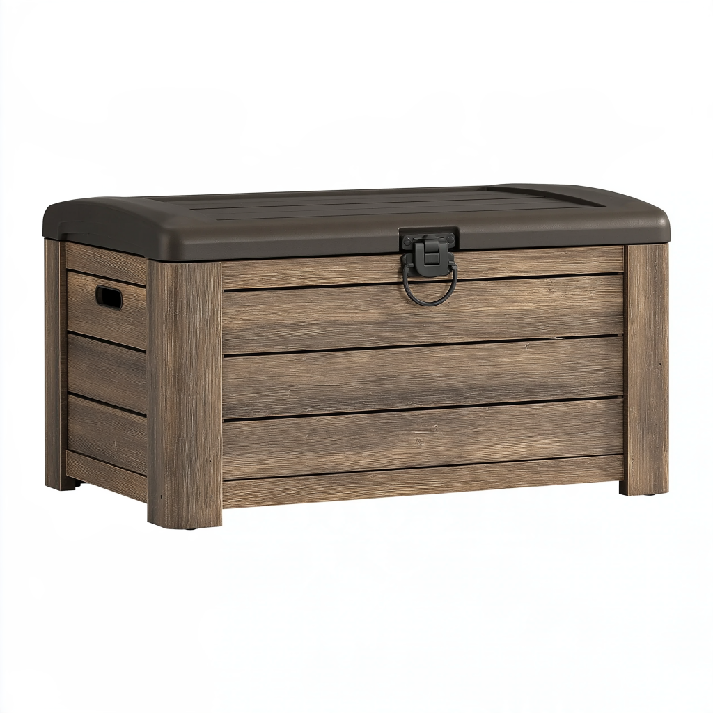Coffre de rangement extérieur 120 x 56 x 63 cm en résine brun avec couvercle verrouillable