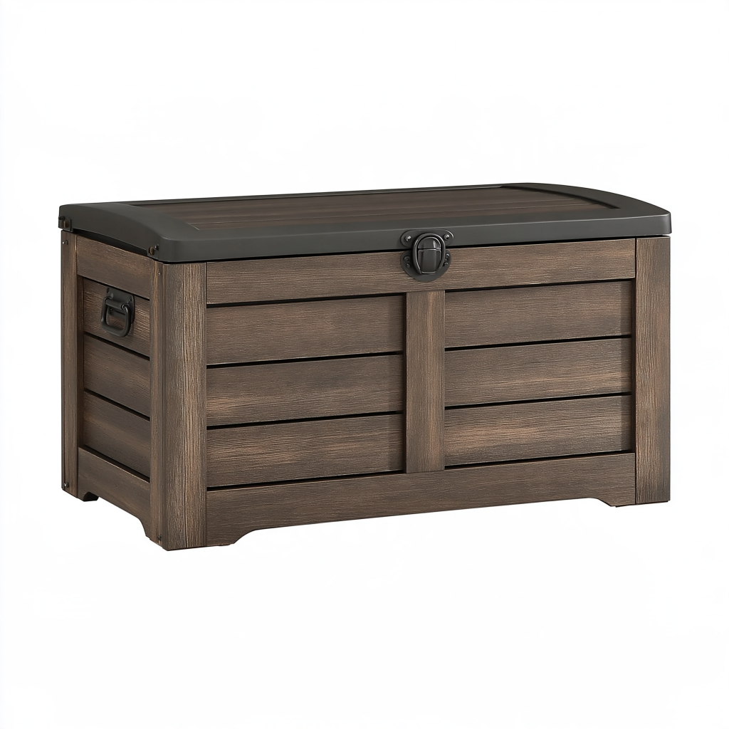 Coffre de rangement extérieur 119 x 62 x 62 cm en résine marron effet bois avec couvercle verrouillable