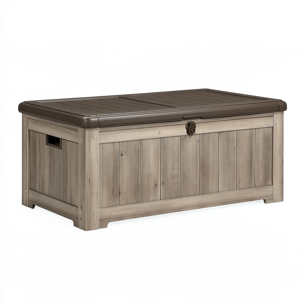 Coffre de rangement extérieur 120 x 60 x 63 cm en résine taupe avec couvercle à loquet