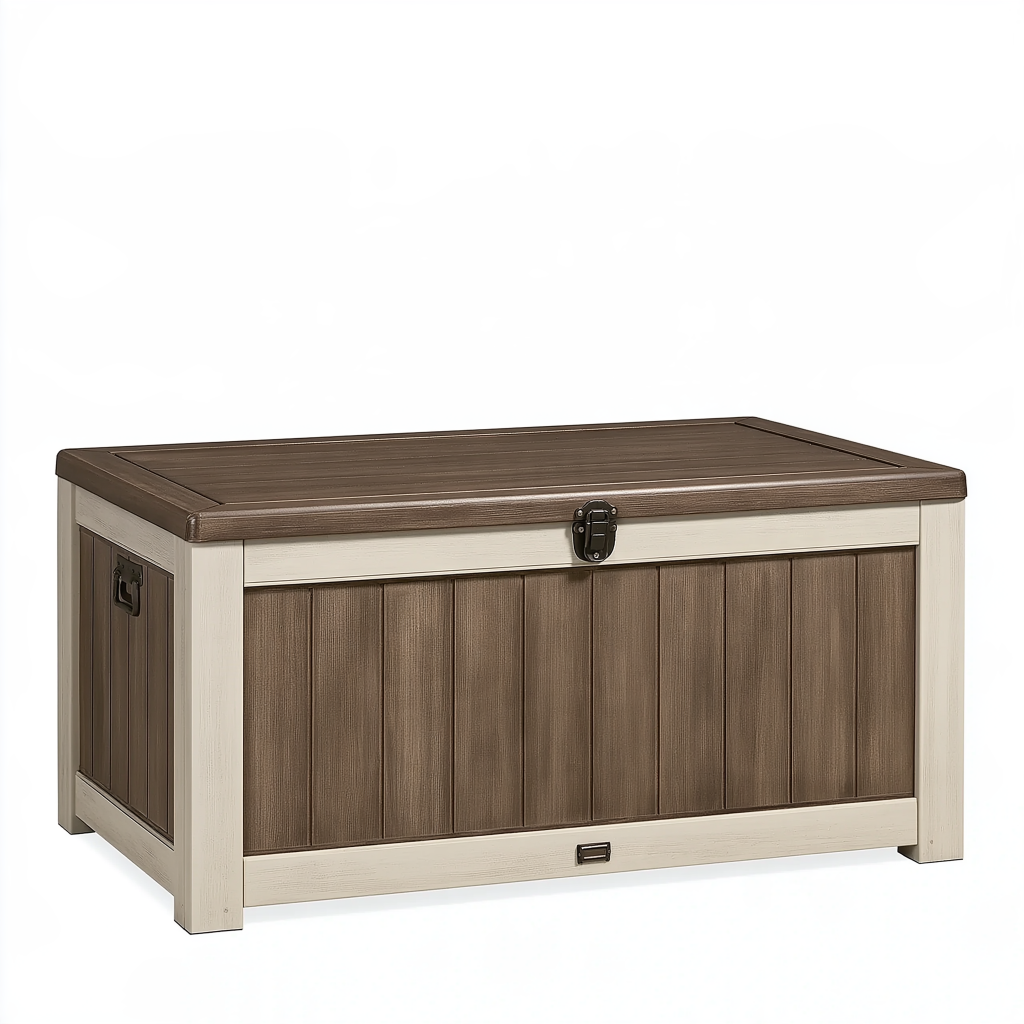Coffre de rangement 120 x 60 x 65 cm en résine marron et beige style bois pour extérieur