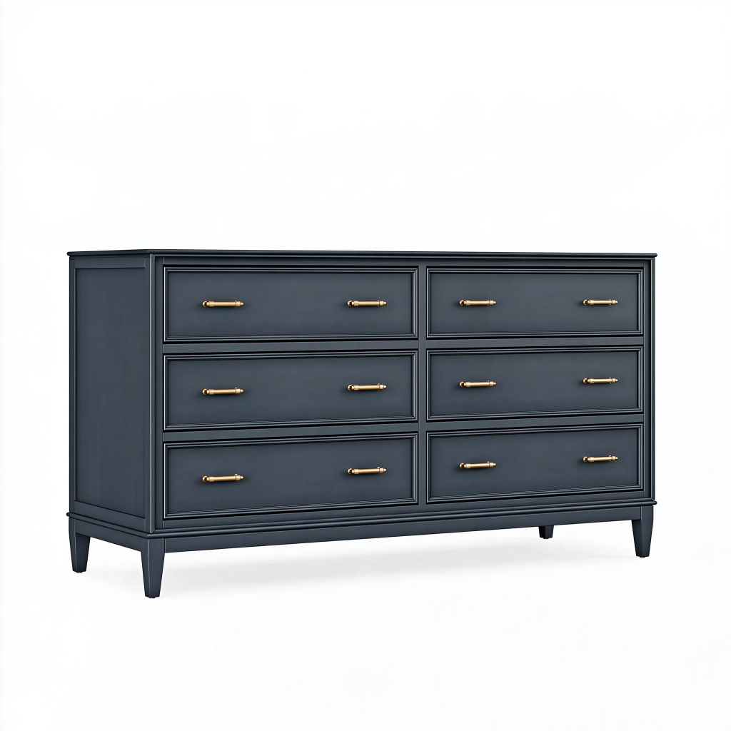 Commode 160 x 45 x 90 cm en bois bleu nuit à 6 tiroirs style classique
