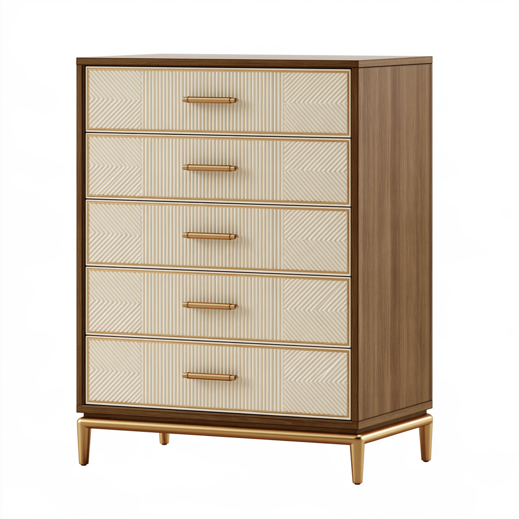 Commode 90 x 45 x 120 cm en bois marron et crème à 5 tiroirs style contemporain