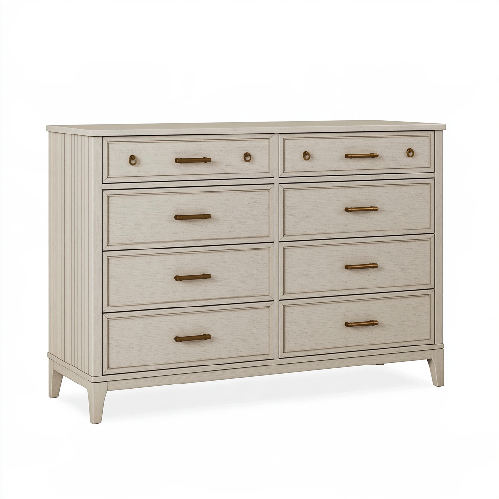 Commode 140 x 45 x 90 cm en bois blanc cassé avec 8 tiroirs style classique