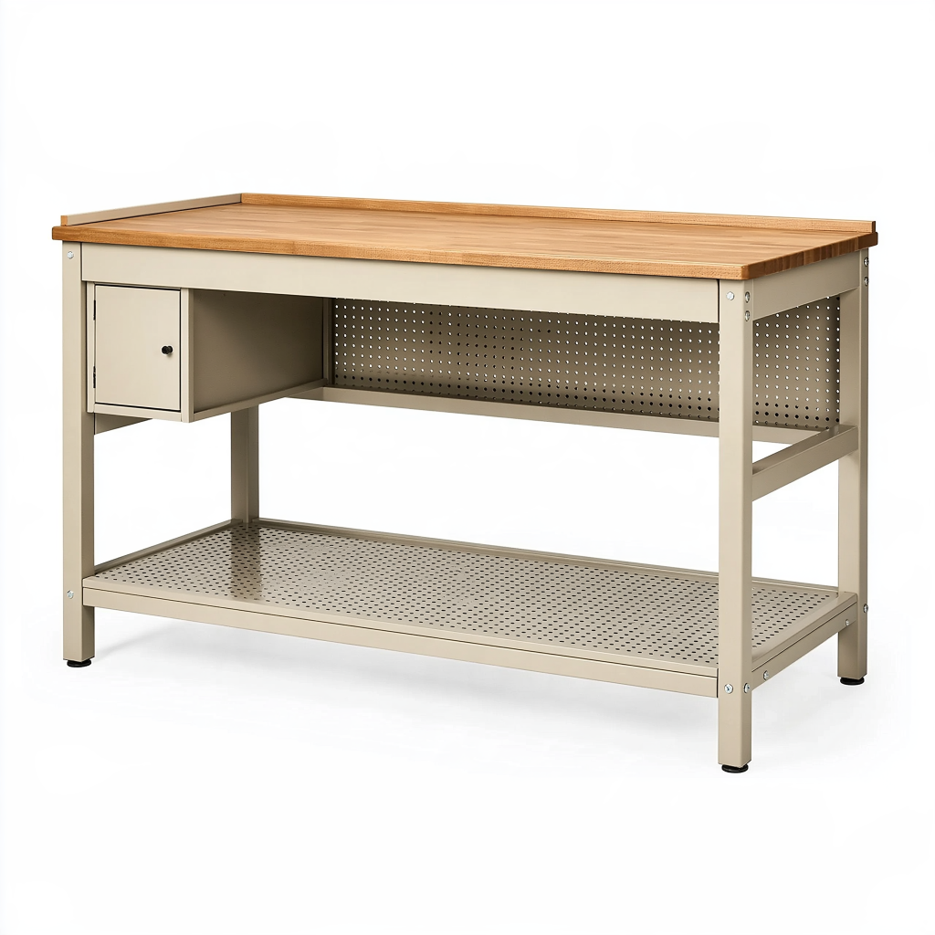 Établi d'atelier 120 x 60 x 90 cm en métal beige et bambou avec tiroir et étagère