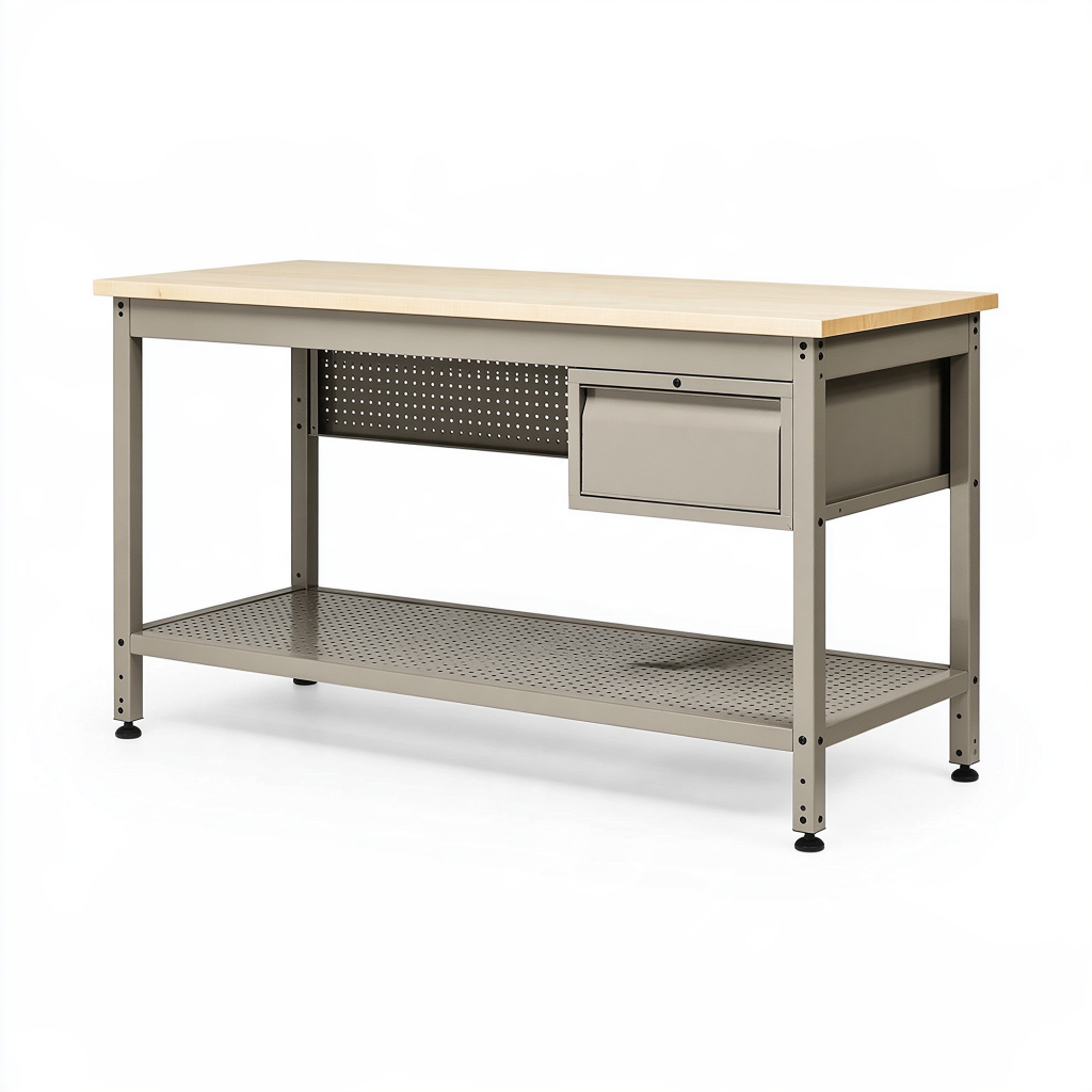 Établi de travail 152 x 61 x 91 cm en acier et bois beige style industriel avec tiroir et étagère