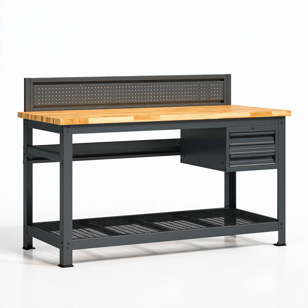 Établi 160 x 70 x 150 cm en acier noir et bois naturel avec panneau perforé et tiroirs