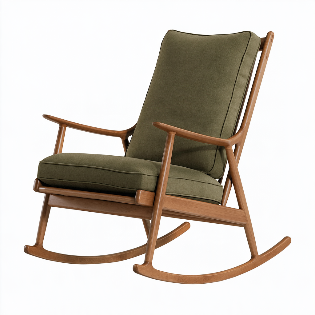 Fauteuil à bascule 68 x 95 x 105 cm en bois brun et tissu vert olive style scandinave
