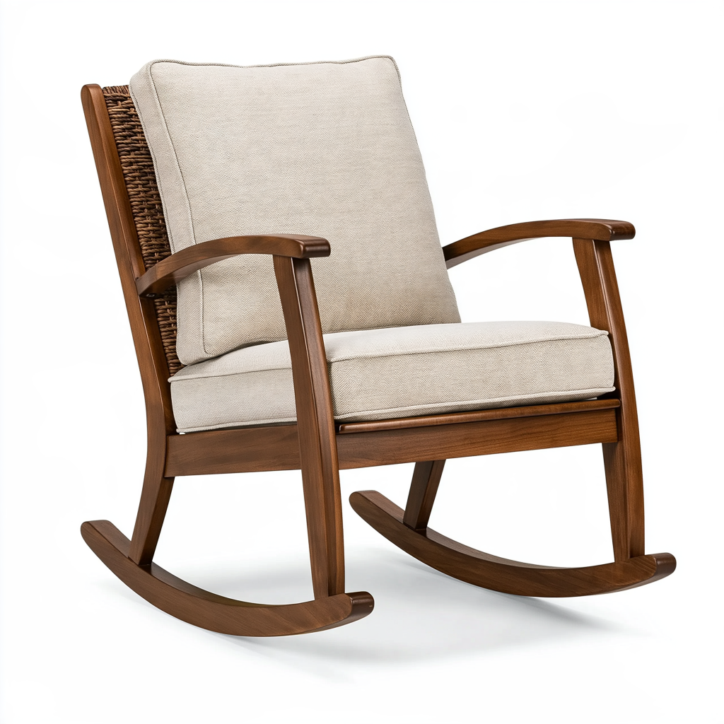 Fauteuil à bascule 95 x 68 x 100 cm bois brun tissu beige avec accoudoirs