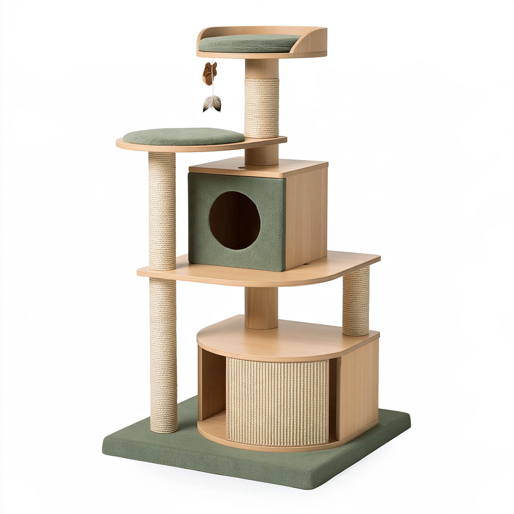 Arbre à chat 60 x 50 x 145 cm en bois naturel vert sauge avec griffoirs en sisal et niches