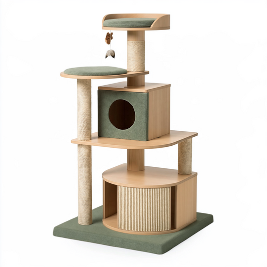 Arbre à chat 60 x 50 x 145 cm en bois naturel vert sauge avec griffoirs en sisal et niches