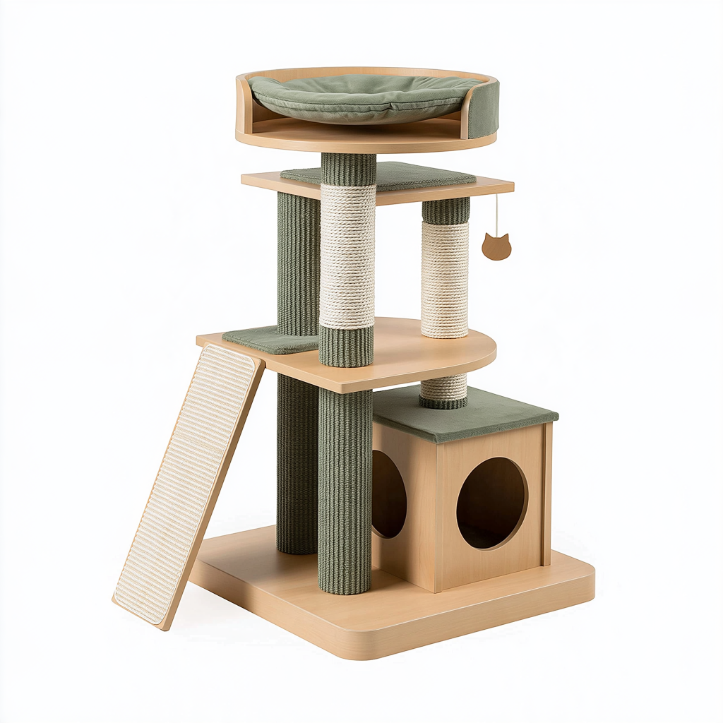 Arbre à chat 60 x 60 x 145 cm en bois beige et vert avec griffoirs et niche