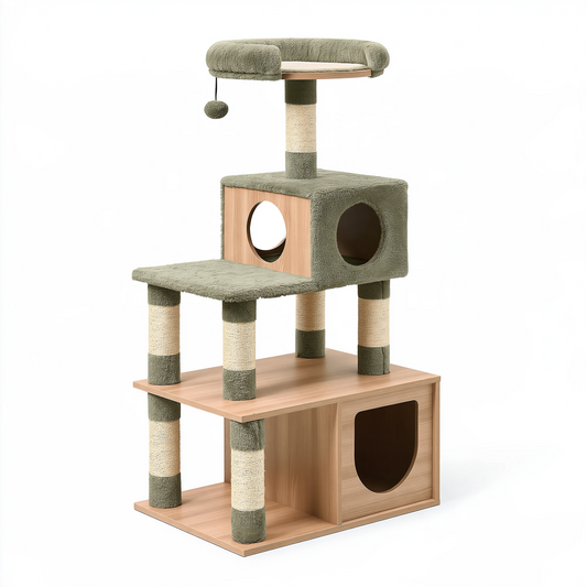 Arbre à chat 60 x 50 x 145 cm en bois vert kaki avec griffoirs plateformes et niches