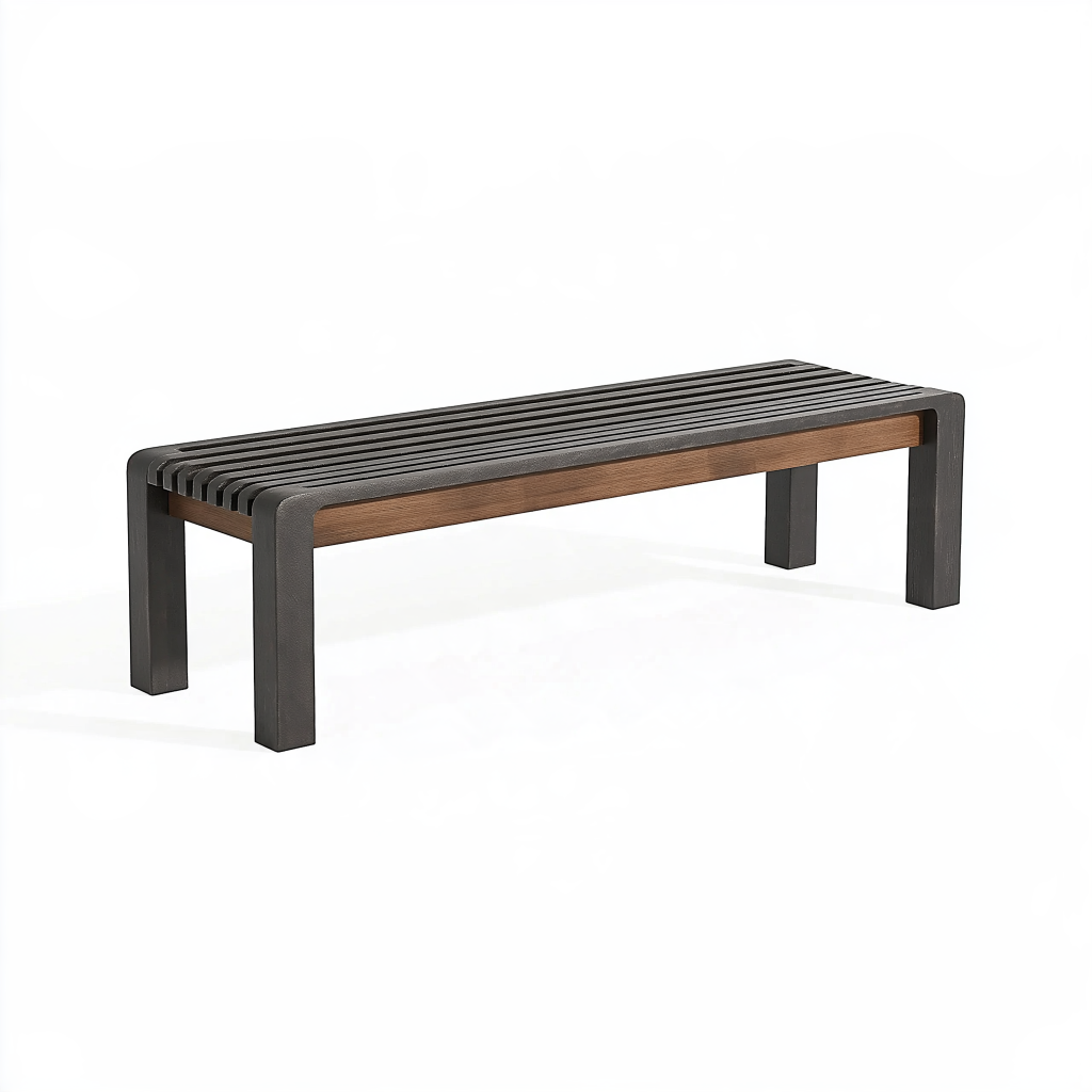 Banc de jardin 150 x 40 x 45 cm en acier et bois noir/marron style contemporain à lattes