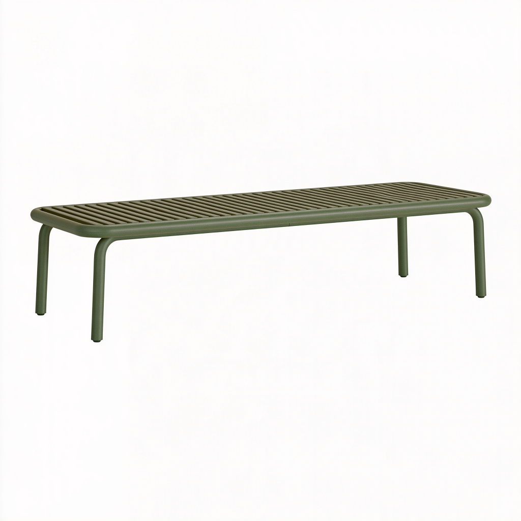 Banc de jardin 140 x 45 x 45 cm en métal vert olive à lattes style contemporain