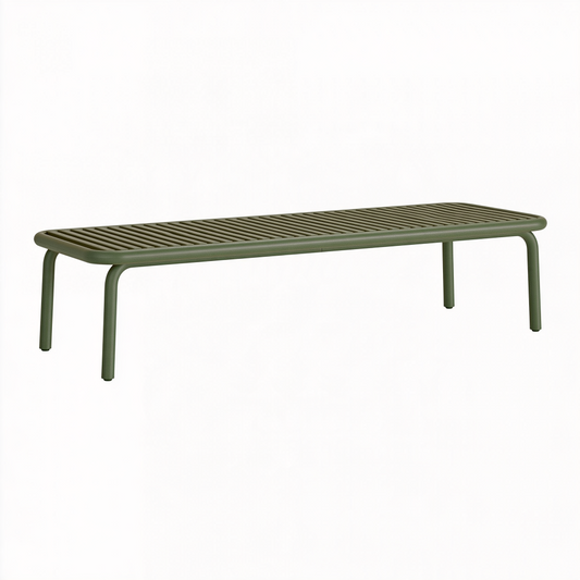 Banc de jardin 140 x 45 x 45 cm en métal vert olive à lattes style contemporain